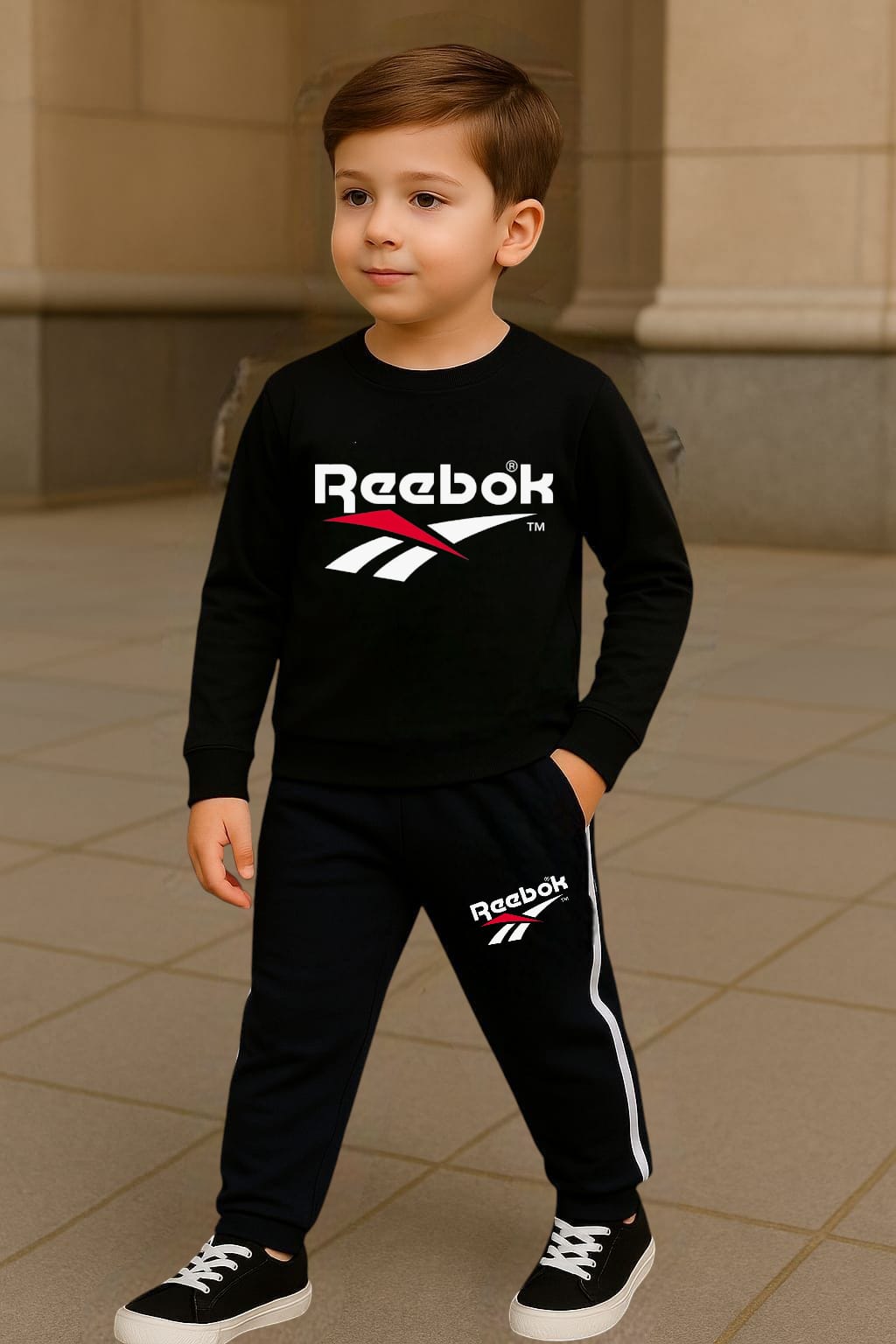 HappyKids Boys’ Branded Reebok Style Tracksuit – Comfortable Sweatshirt & Jogger Set (Black, Red, Dark Blue)