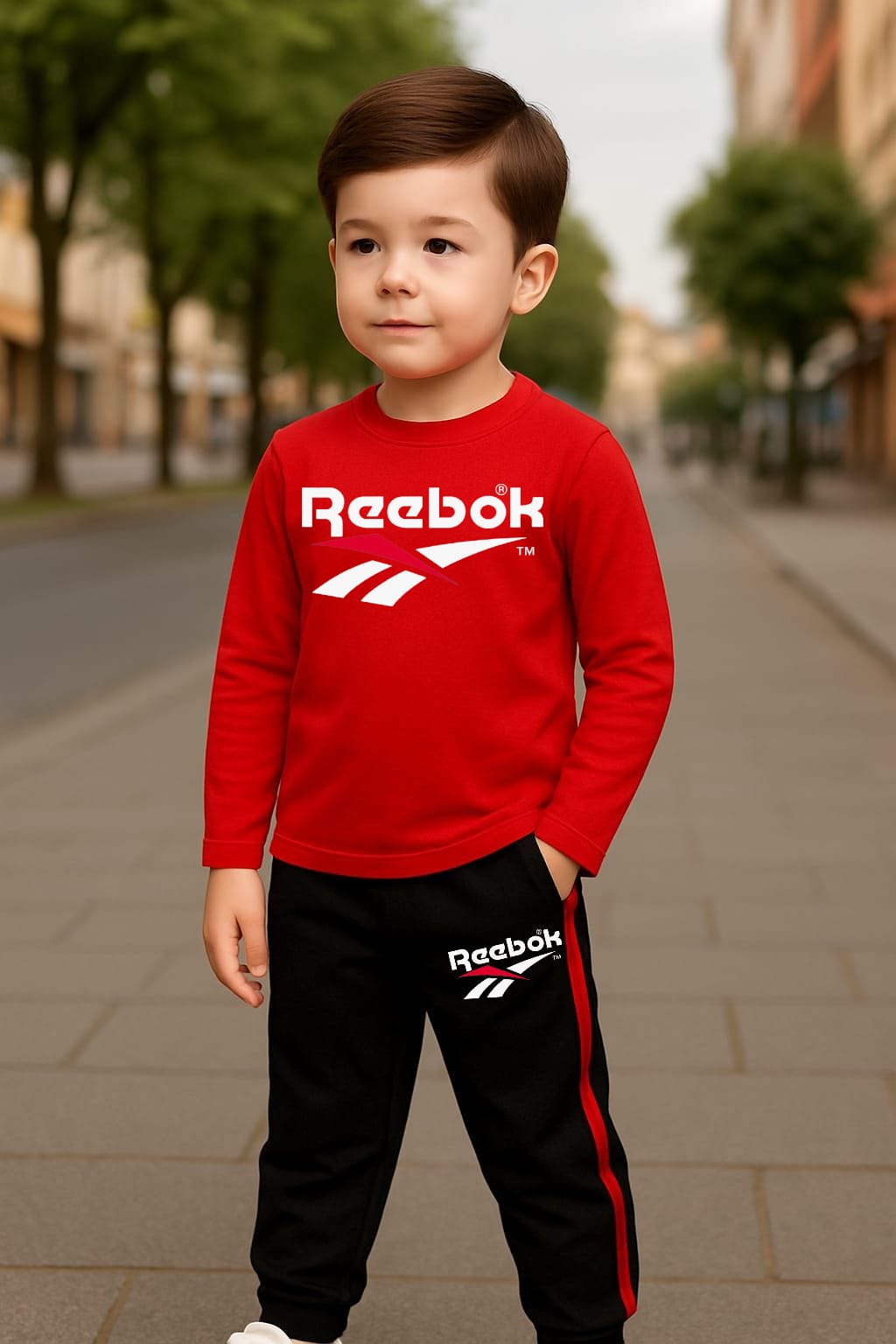 HappyKids Boys’ Branded Reebok Style Tracksuit – Comfortable Sweatshirt & Jogger Set (Black, Red, Dark Blue)
