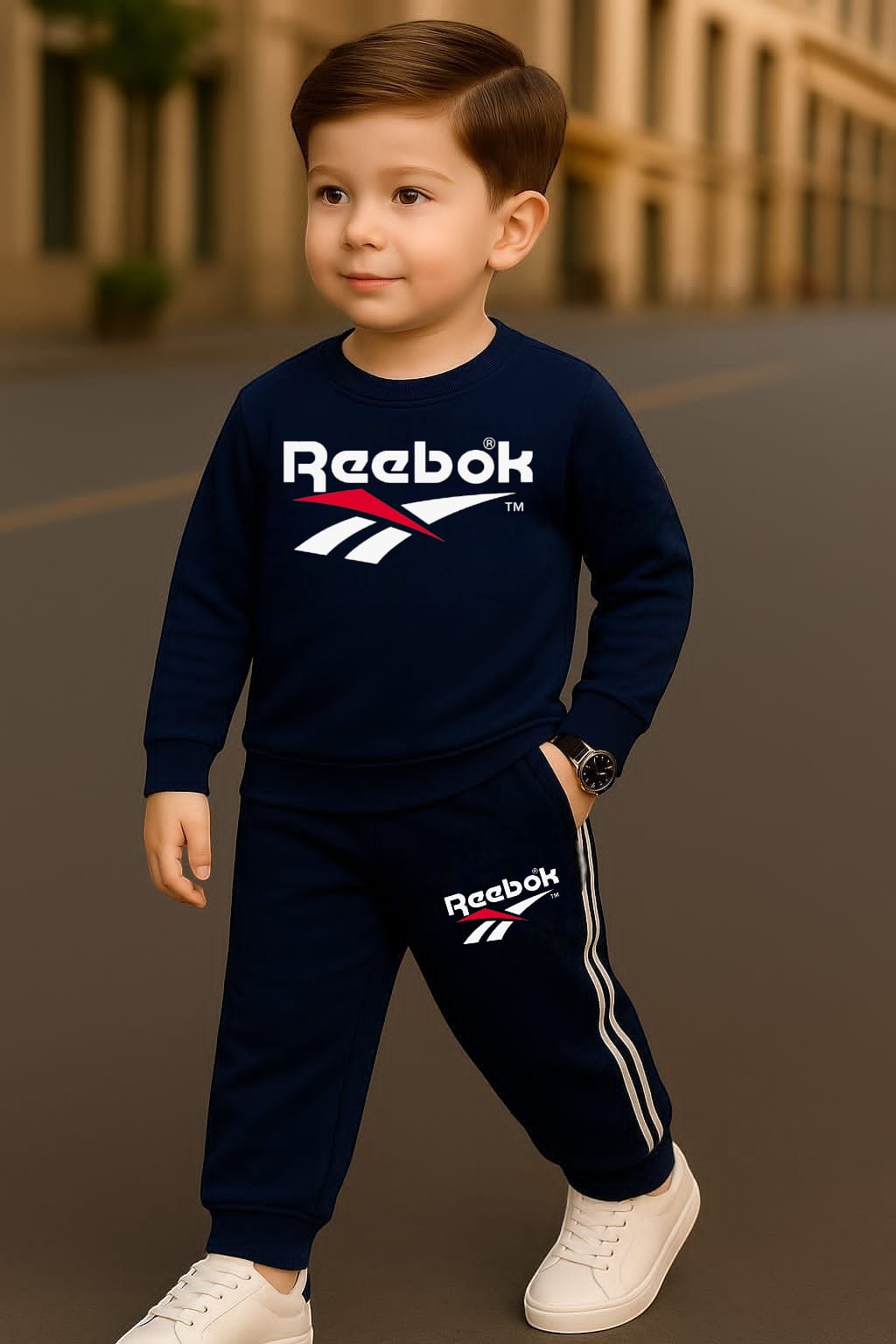 HappyKids Boys’ Branded Reebok Style Tracksuit – Comfortable Sweatshirt & Jogger Set (Black, Red, Dark Blue)