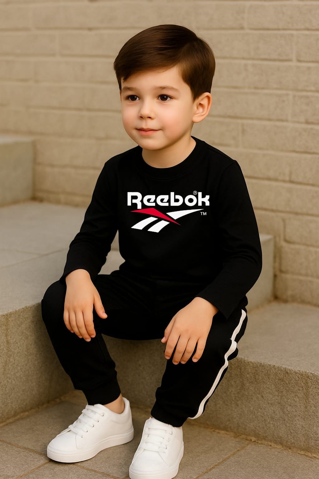 HappyKids Boys’ Branded Reebok Style Tracksuit – Comfortable Sweatshirt & Jogger Set (Black, Red, Dark Blue)
