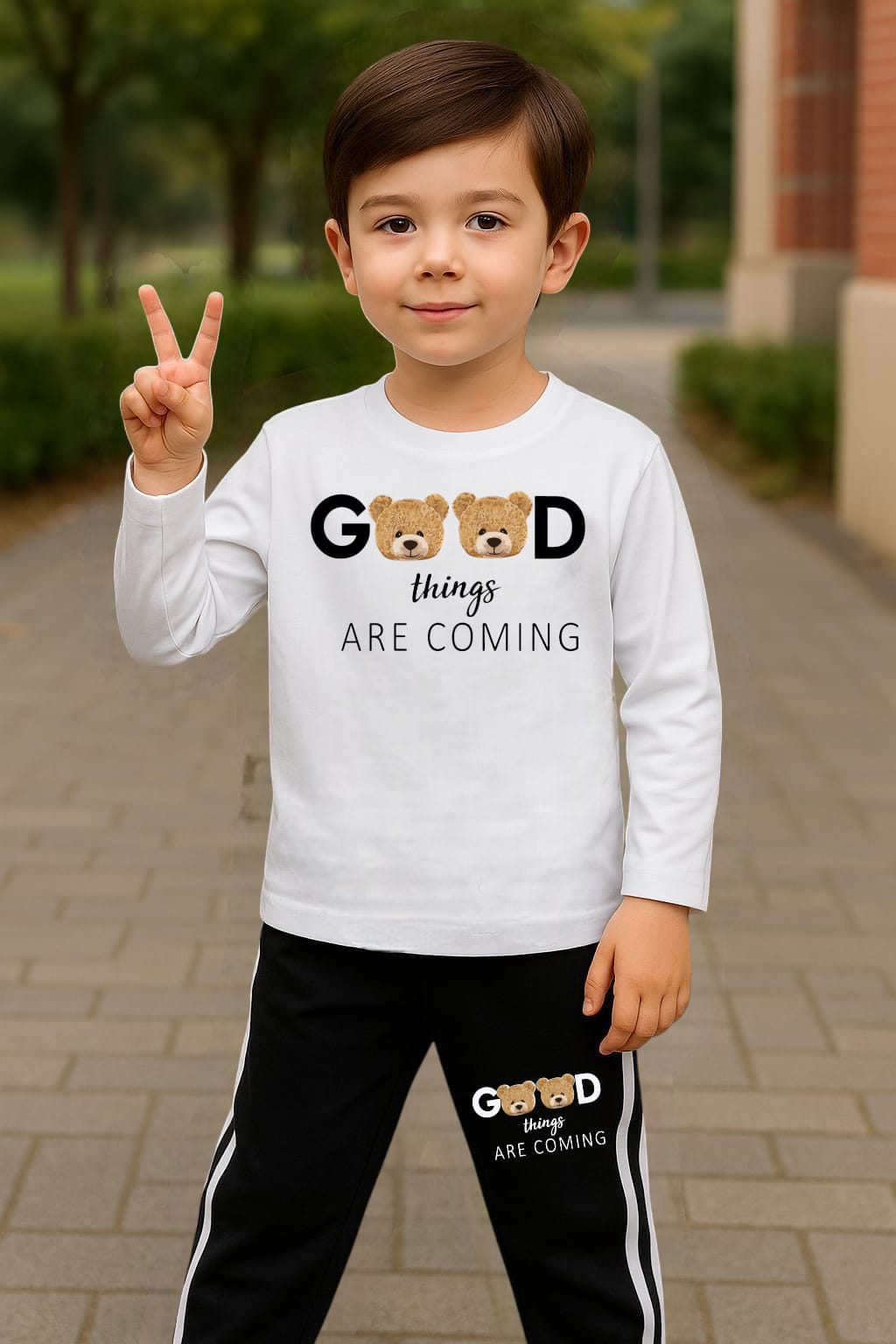 HappyKids Boys’ “Good Things Are Coming” Printed Tracksuit – Casual Sweatshirt & Jogger Set (Black, Red, White)