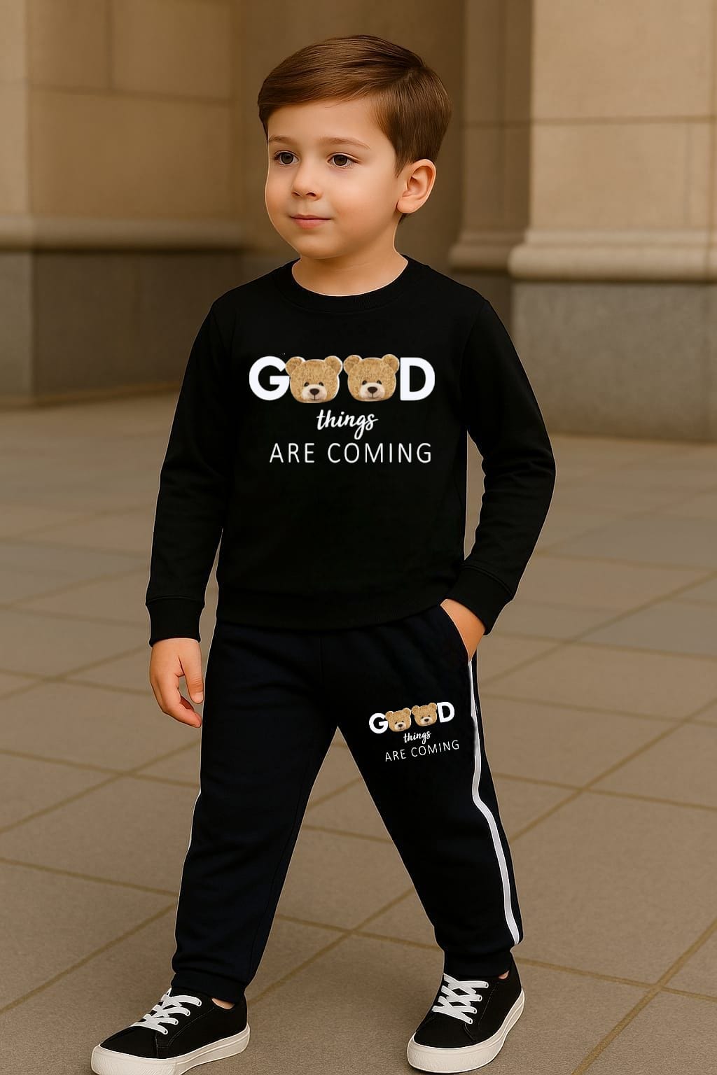 HappyKids Boys’ “Good Things Are Coming” Printed Tracksuit – Casual Sweatshirt & Jogger Set (Black, Red, White)