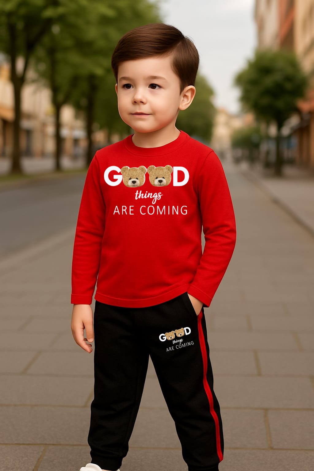 HappyKids Boys’ “Good Things Are Coming” Printed Tracksuit – Casual Sweatshirt & Jogger Set (Black, Red, White)