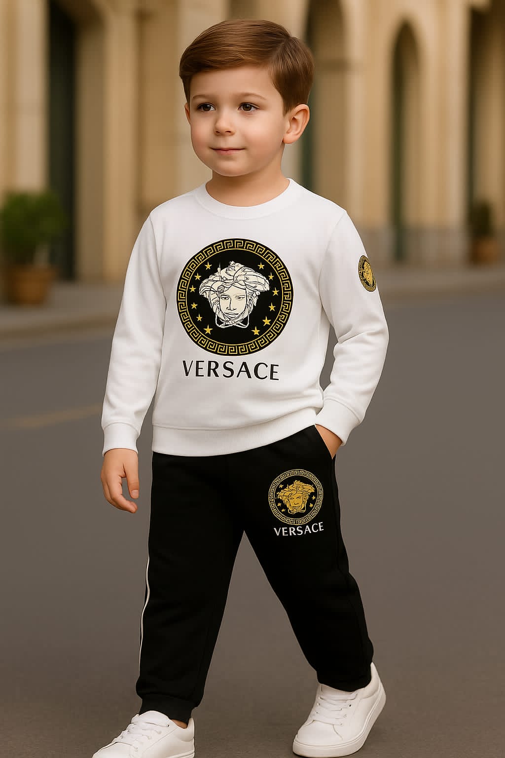 HappyKids Boys’ Versace Style Luxury Tracksuit – Sweatshirt & Jogger Pants Set (White, Black)