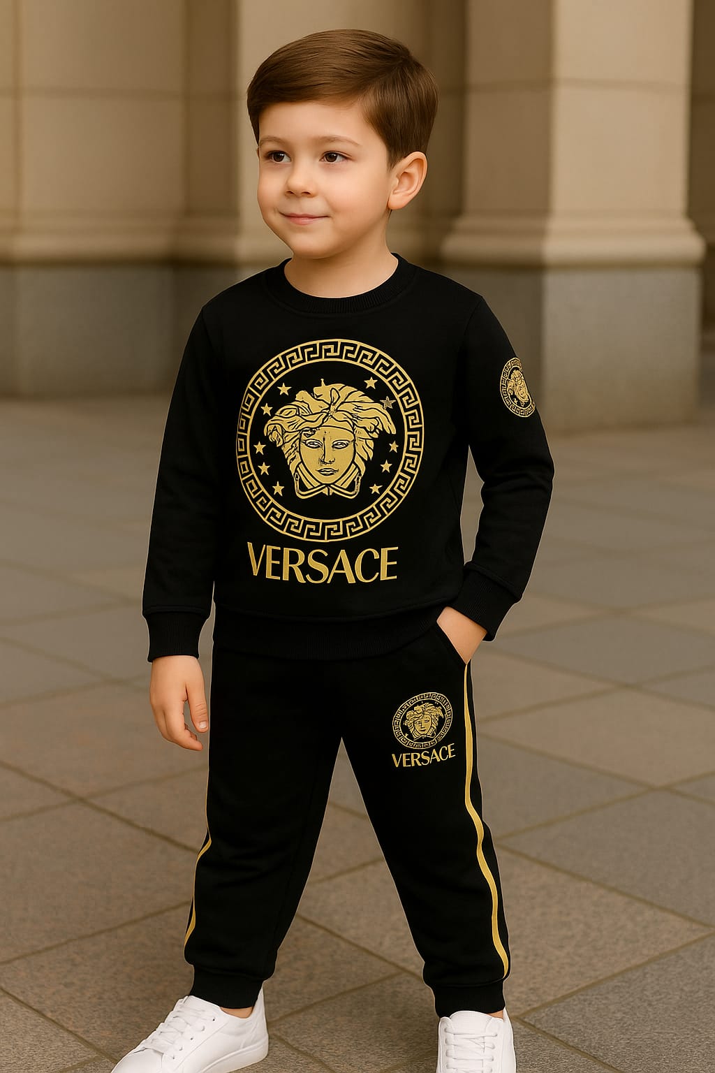 HappyKids Boys’ Versace Style Luxury Tracksuit – Sweatshirt & Jogger Pants Set (White, Black)